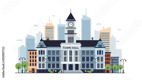 Flat illustration of a city skyline with a large building and clock tower against a white background.