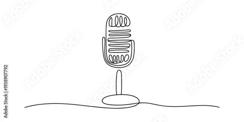 A clean and minimalistic continuous one line drawing of a microphone, vector illustration. One continuous line drawing of a microphone creating an abstract sound wave on white background Vector,