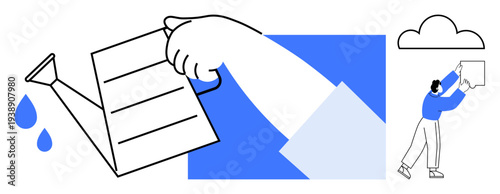 Growth concept. Growth illustrated with imagery of a watering can nurturing ideas and a cloud symbol digital storage growth. Growth highlight innovation, teamwork, and progress. Suitable