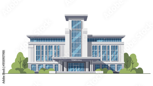 Illustration of a modern white building with blue windows and a gray roof surrounded by green trees and bushes against a white background.