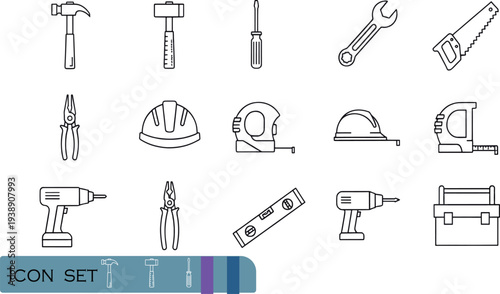 Print Professional Hand and Power Tool Icon Set Featuring Construction Equipment Like Hammers Drills Safety Helmets and Measuring Tapes