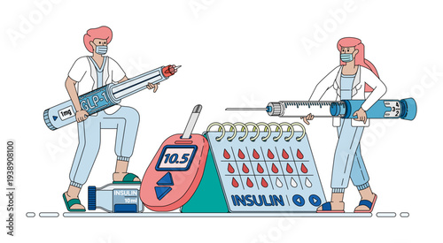 Medical illustration showing a doctor managing a diabetes treatment routine with insulin injections, appointment scheduling, and blood sugar monitoring to support consistent diabetes care and daily