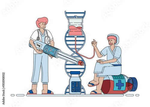 Modern medical illustration of diabetes treatment using GLP-1 therapy supported by DNA biotechnology and insulin injections, representing advanced metabolic medicine and innovative pharmaceutical rese