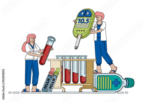 Medical research illustration showing a doctor examining blood sugar samples using testing devices and laboratory tubes while studying insulin treatments and medication development for diabetes manage