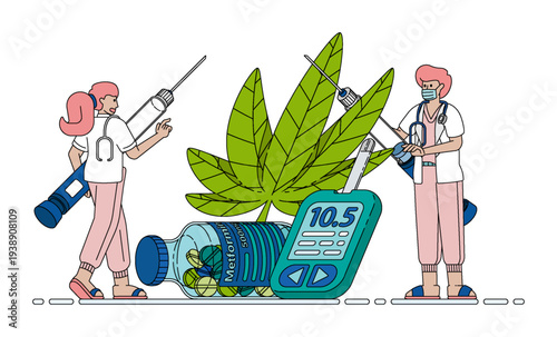 Illustration of traditional herbal remedies and pharmaceutical tablets used to support diabetes and obesity-related health conditions, combining natural plant ingredients with modern medical treatment