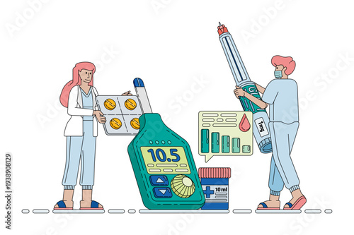 Medical concept illustration featuring blood sugar monitoring tools, insulin therapy, and GLP-1 treatment with health graphs and diagnostic tools for diabetes care and clinical analysis.