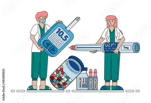 Healthcare illustration showing blood sugar monitoring devices, insulin injections, and GLP-1 medications used for diabetes treatment and daily glucose control in modern medical practice.