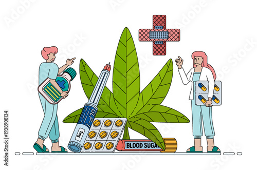 Medical illustration combining GLP-1 treatment with herbal ingredients for blood sugar control, highlighting innovative approaches to diabetes management using modern medicine and natural compounds.