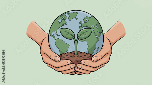 Hands cradling earth globe with small green sprout growing from brown soil symbolizing environmental care and sustainability