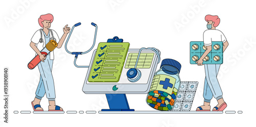 Healthcare technology illustration showing hospital software systems with treatment checklists, medication records, and medical questionnaires used by doctors to manage patient care and clinical work