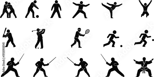 sports activity silhouettes collection, athletes playing different games, martial arts training poses, fitness exercise icons, active lifestyle symbols, flat vector illustration
