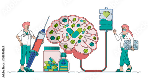 Medical concept illustration of psychiatric medications affecting brain neurological functions, including pills, injections, and IV therapy used by psychiatrists to support treatment for depression.