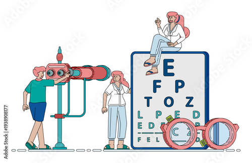 Healthcare illustration of an ophthalmologist examining a patient using eye testing devices to diagnose vision problems such as nearsightedness and prescribe corrective glasses for improved eyesight.