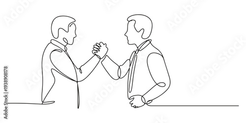two businessmen shaking hands. Continuous one line drawing illustration vector, Two people agree and shake hands one contiguous line vector illustration, Continuous line drawing of handshake.