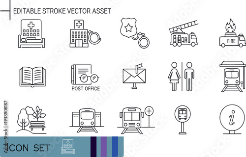 Print Public Services and Urban Infrastructure Icon Set Featuring Healthcare Facilities Police and Fire Services Public Transport and City Navigation Symbols