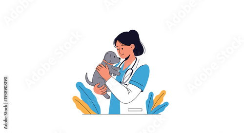Kind female veterinarian wearing blue scrubs and a stethoscope holding a small grey puppy, depicted in a friendly flat illustration style.