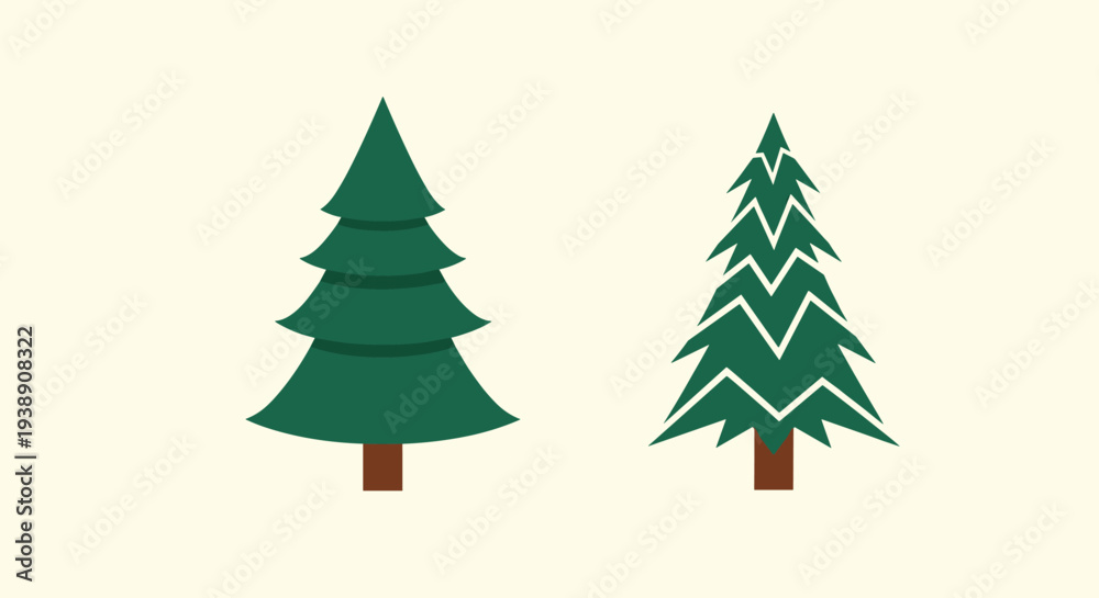 Obraz premium Two stylized evergreen trees in different shades of green stand against a pale yellow background for nature themes.