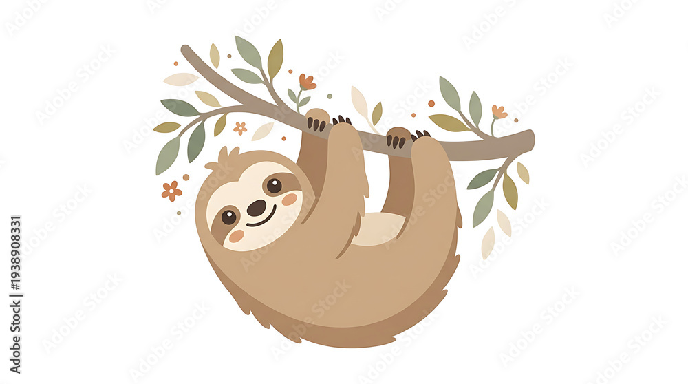 Fototapeta premium Cartoon Sloth Hanging on Tree Branch.