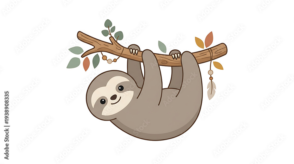 Fototapeta premium Cartoon Sloth Hanging on Branch.