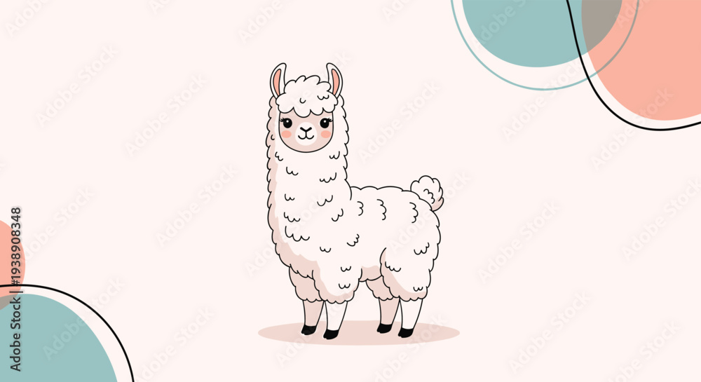 Obraz premium Fluffy white llama stands on a soft pink background decorated with geometric circles for a charming nursery print.