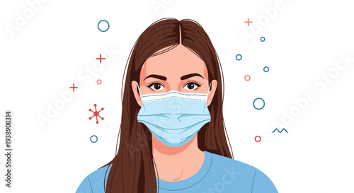 Young woman with long brown hair wears a blue surgical face mask as protection against viruses in a vector portrait.