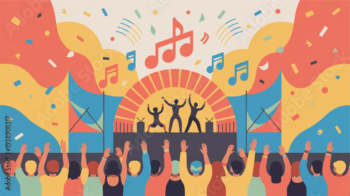 Vibrant music festival crowd celebrating with raised hands and confetti at colorful outdoor concert with stage and musical notes