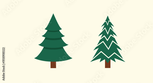 Two stylized evergreen trees in different shades of green stand against a pale yellow background for nature themes.