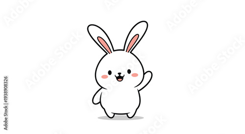 Adorable white cartoon bunny character with pink cheeks waves its hand in a friendly gesture on a white background.