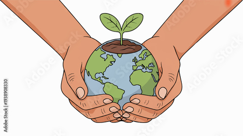 Hands cradling earth globe with green sprout growing from top symbolizing environmental care and sustainability