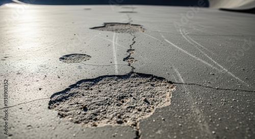 Damaged Concrete Surface with Cracks and Holes, Requiring Repair.
