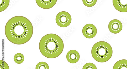 Fresh kiwi fruit slices in various sizes create a vibrant seamless pattern against a crisp white background for food.