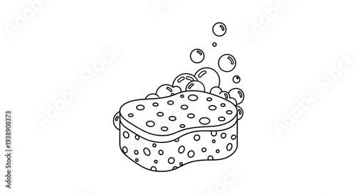 Simple line art drawing of a porous cleaning sponge with rising soap bubbles for hygiene and housework concepts.