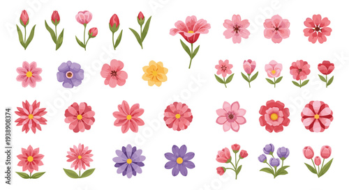 Large assortment of colorful botanical illustrations including various flowers, buds, and stems for floral arrangements.