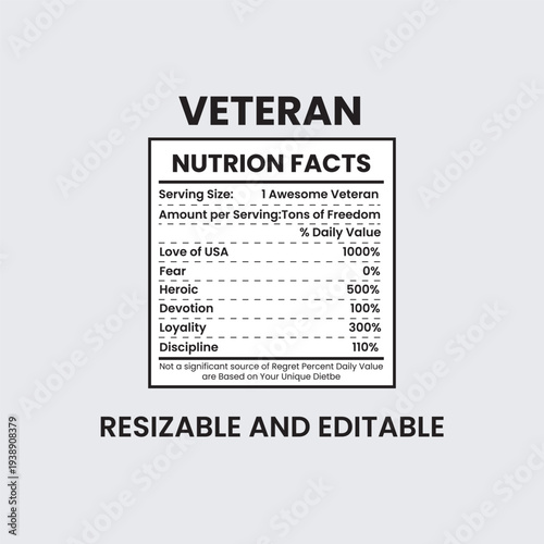 Veteran Nutrition Facts vector illustration, flat design, humor, tribute