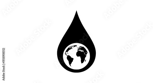 Global water conservation symbol with earth map in a single drop illustration