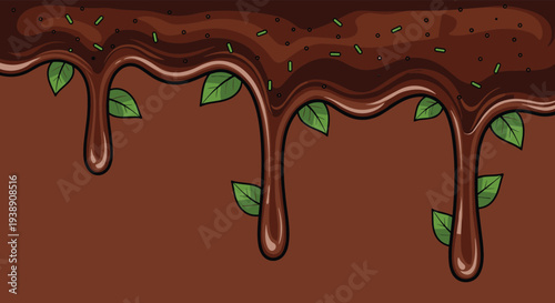 Thick dark chocolate sauce drips down a brown background with fresh green mint leaves scattered throughout the design.