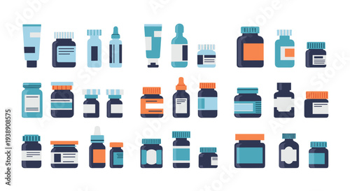 Comprehensive set of pharmaceutical medicine bottles, jars, and tubes in various blue and orange shades for healthcare.