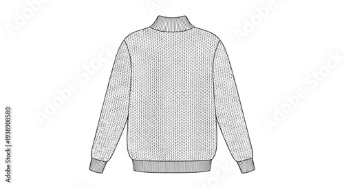 Detailed technical drawing of the back side of a knitted high collar sweater showing intricate cable stitch patterns.