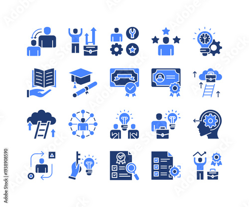 Professional Development Icon Collection,  featuring Mentorship, Career, Skills, Experience, Knowledge, Education Networking, Creative, Initiative, Adaptability, Goal, Motivation.