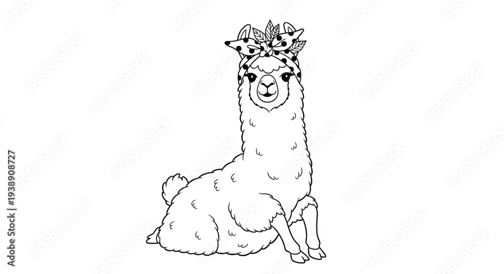 Obraz premium Detailed black and white line art illustration of a fluffy llama wearing a polka-dot headband sitting peacefully on the ground.