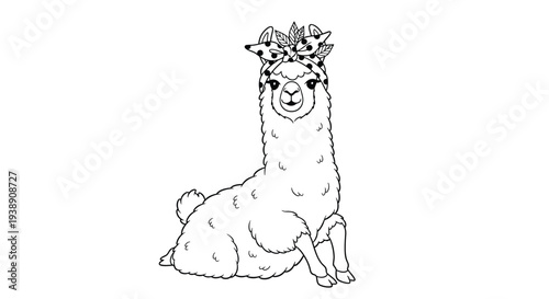 Detailed black and white line art illustration of a fluffy llama wearing a polka-dot headband sitting peacefully on the ground.
