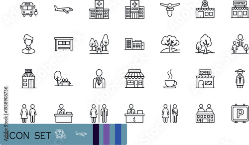 Print Comprehensive Urban Infrastructure and Public Services Icon Set Featuring Transportation Healthcare Parks Retail and Professional Services