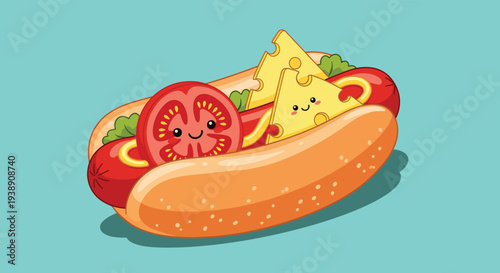 Fun hot dog character illustration with a smiling tomato slice and two cheese wedges with faces inside a soft bun.