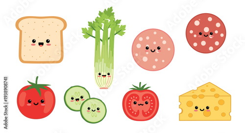Collection of cute food characters including bread, celery, tomato, cucumber, cheese, and salami with happy smiling facial expressions.