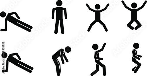 Stick figure fitness icons, man doing pushups, jumping jacks, stretching exercises, workout poses set, gym training silhouettes, healthy lifestyle vector,