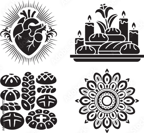 Anatomical heart with rays and bakery assortment of bread with light