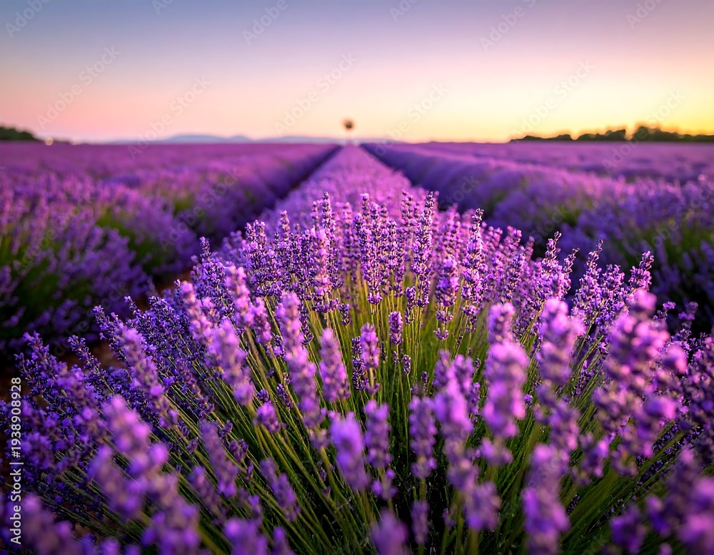 Fototapeta premium A serene field of purple flowers at sunset (1)
