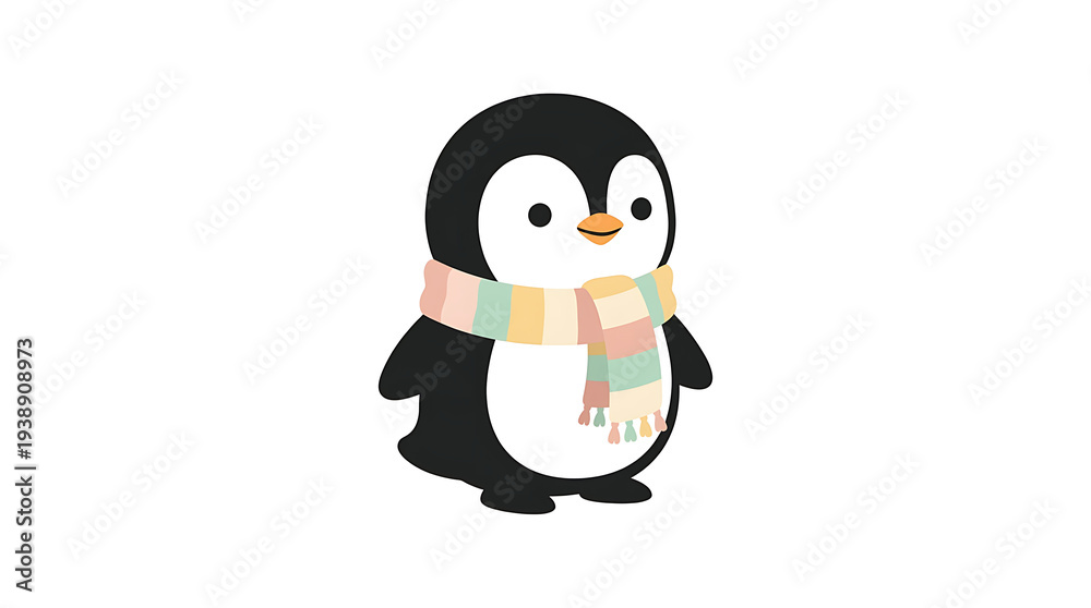 Obraz premium Cartoon Penguin Wearing Colorful Scarf Illustration.