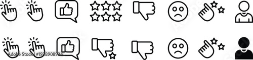 Set of feedback and rating icons including stars and faces on white background Keywords: feedback, rating, review, stars, like