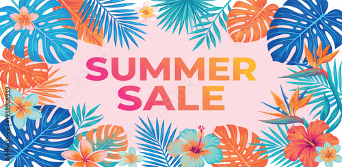 Vibrant Summer Sale Advertisement with Tropical Leaves and Flowers